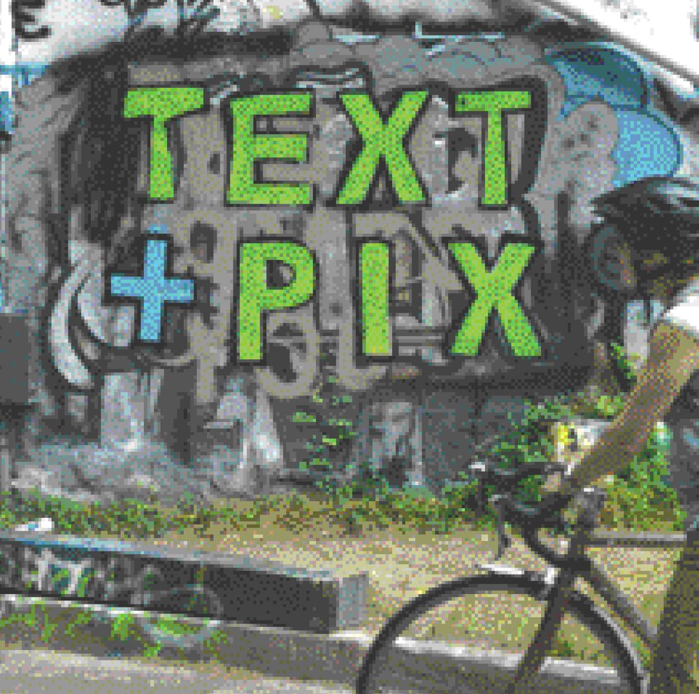 Cover photograph of a graffiti-covered wall with TEXT + PIX painted in green and blue letters, a cyclist passing in the foreground.